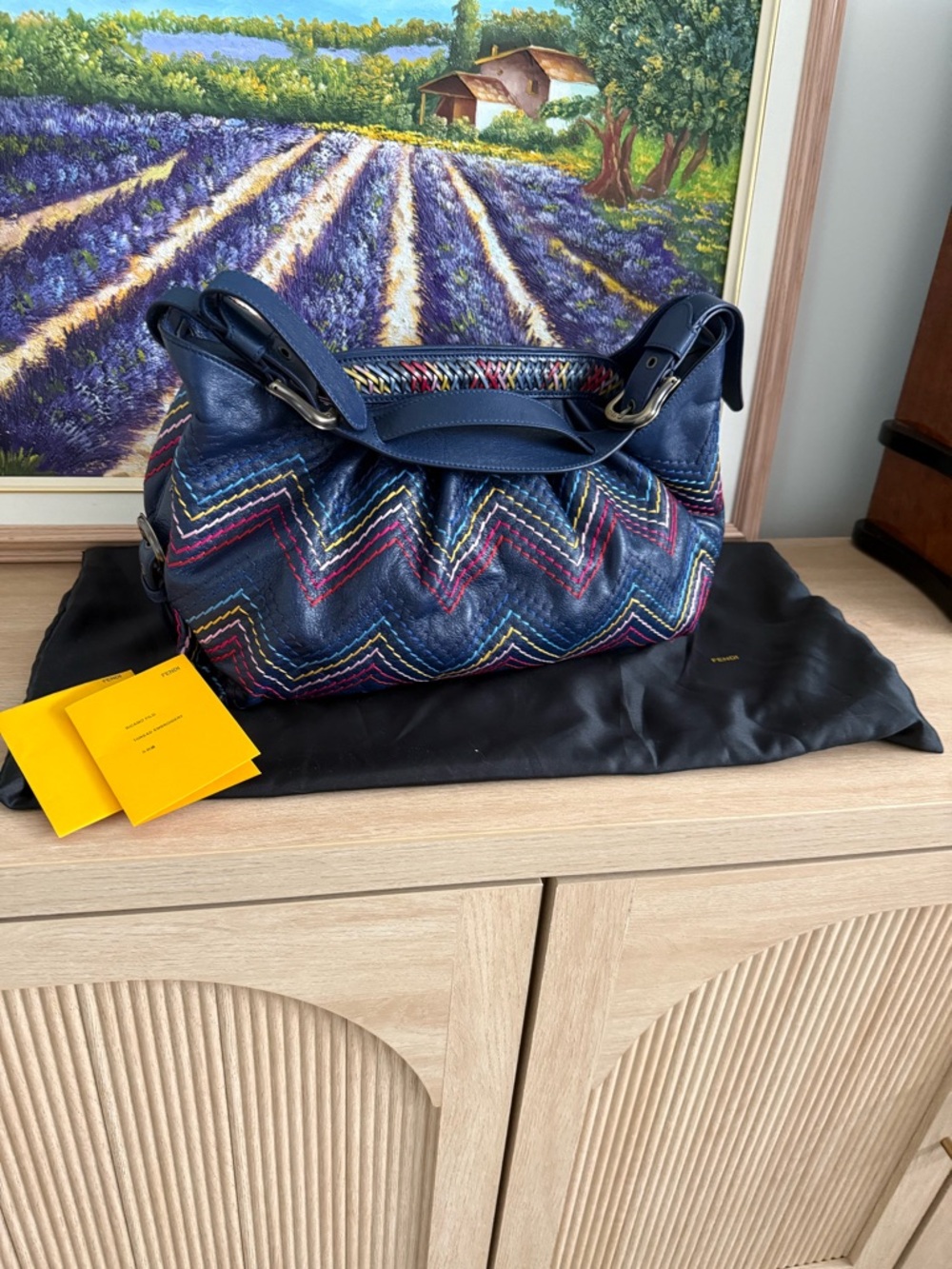 Fendi Navy Leather Shoulder Bag with Multicolor Chevron Stitching(Doctor B)